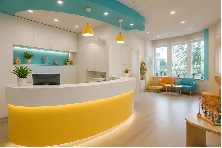 A bright waiting area with a play corner