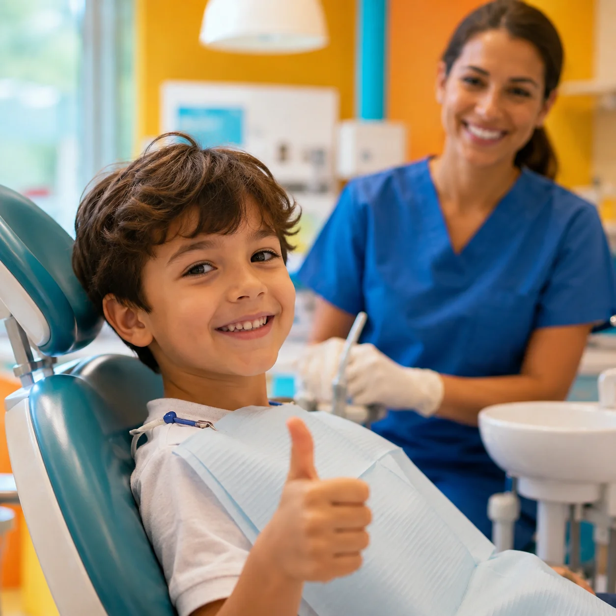 A child giving a thumbs up during a checkup