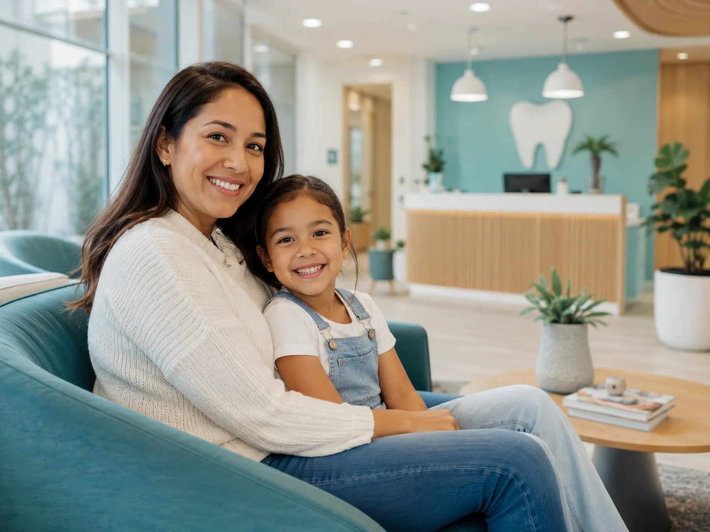 A parent and child in the waiting area